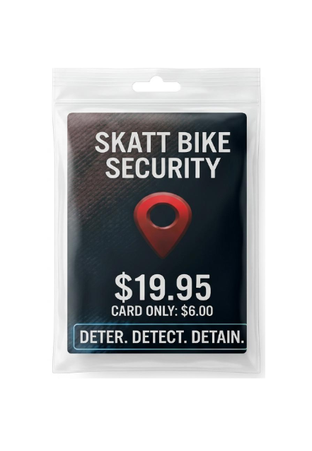 A Skatt Bike Security card inside a clear plastic hanging sleeve, featuring a black background with a red location pin icon and white text.
